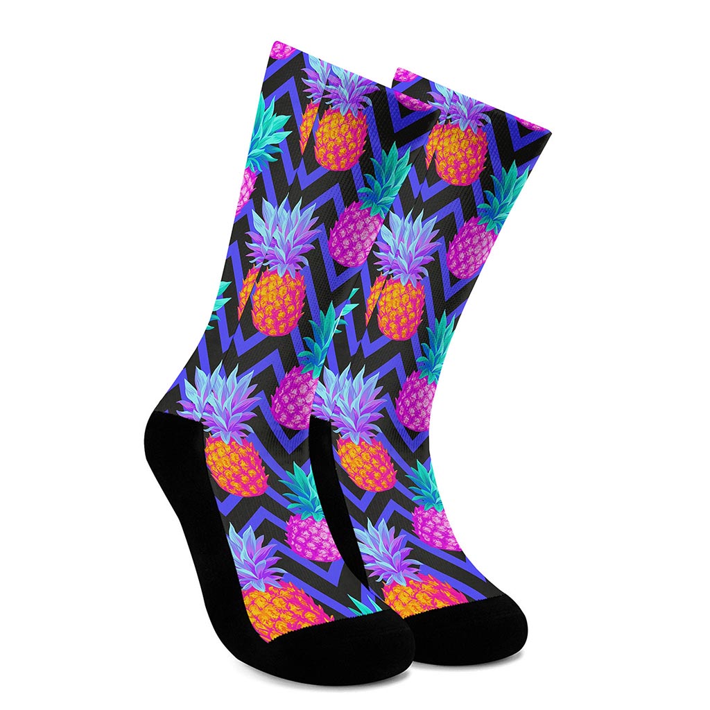 Neon EDM Zig Zag Pineapple Pattern Print Crew Socks