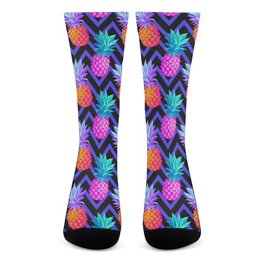 Neon EDM Zig Zag Pineapple Pattern Print Crew Socks