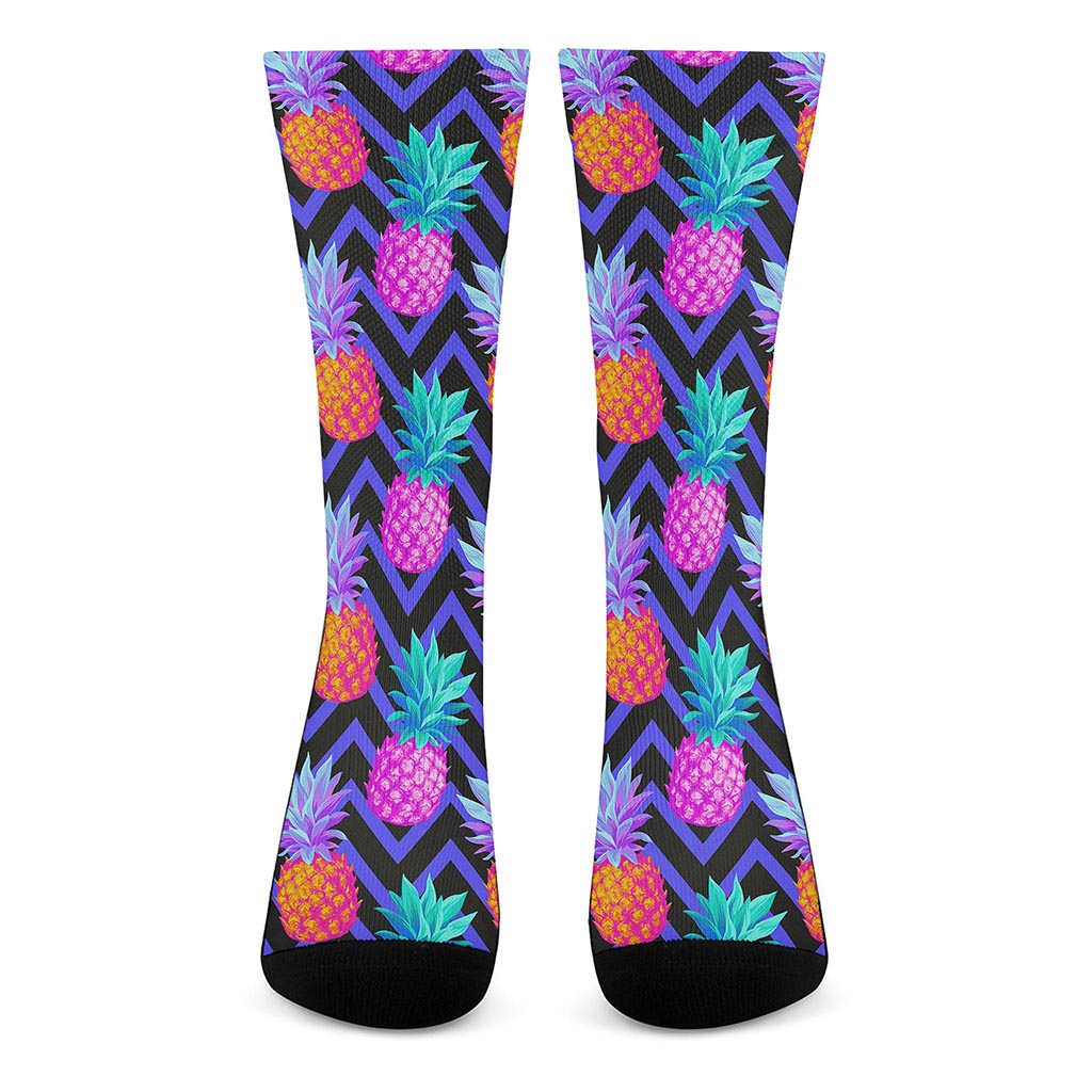 Neon EDM Zig Zag Pineapple Pattern Print Crew Socks