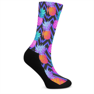 Neon EDM Zig Zag Pineapple Pattern Print Crew Socks