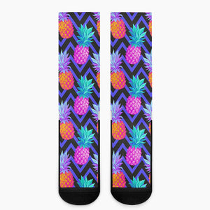 Neon EDM Zig Zag Pineapple Pattern Print Crew Socks