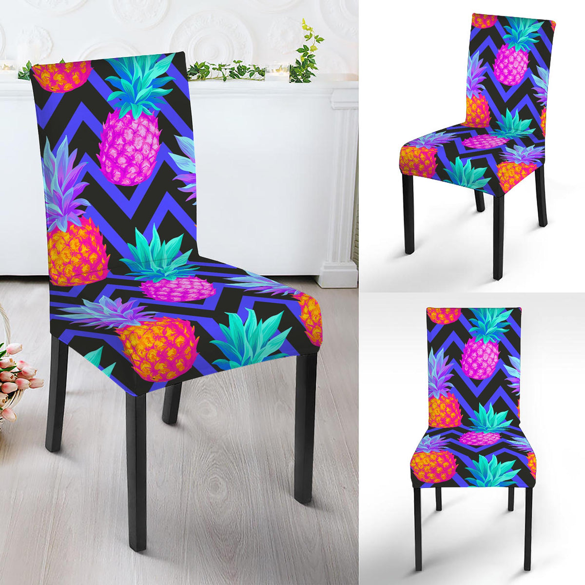 Neon EDM Zig Zag Pineapple Pattern Print Dining Chair Slipcover
