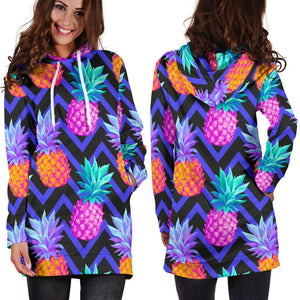 Neon EDM Zig Zag Pineapple Pattern Print Hoodie Dress GearFrost