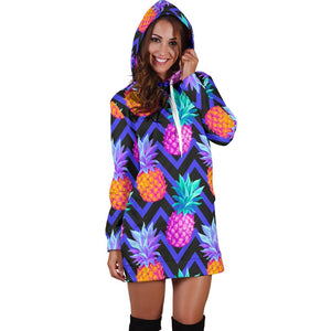 Neon EDM Zig Zag Pineapple Pattern Print Hoodie Dress GearFrost