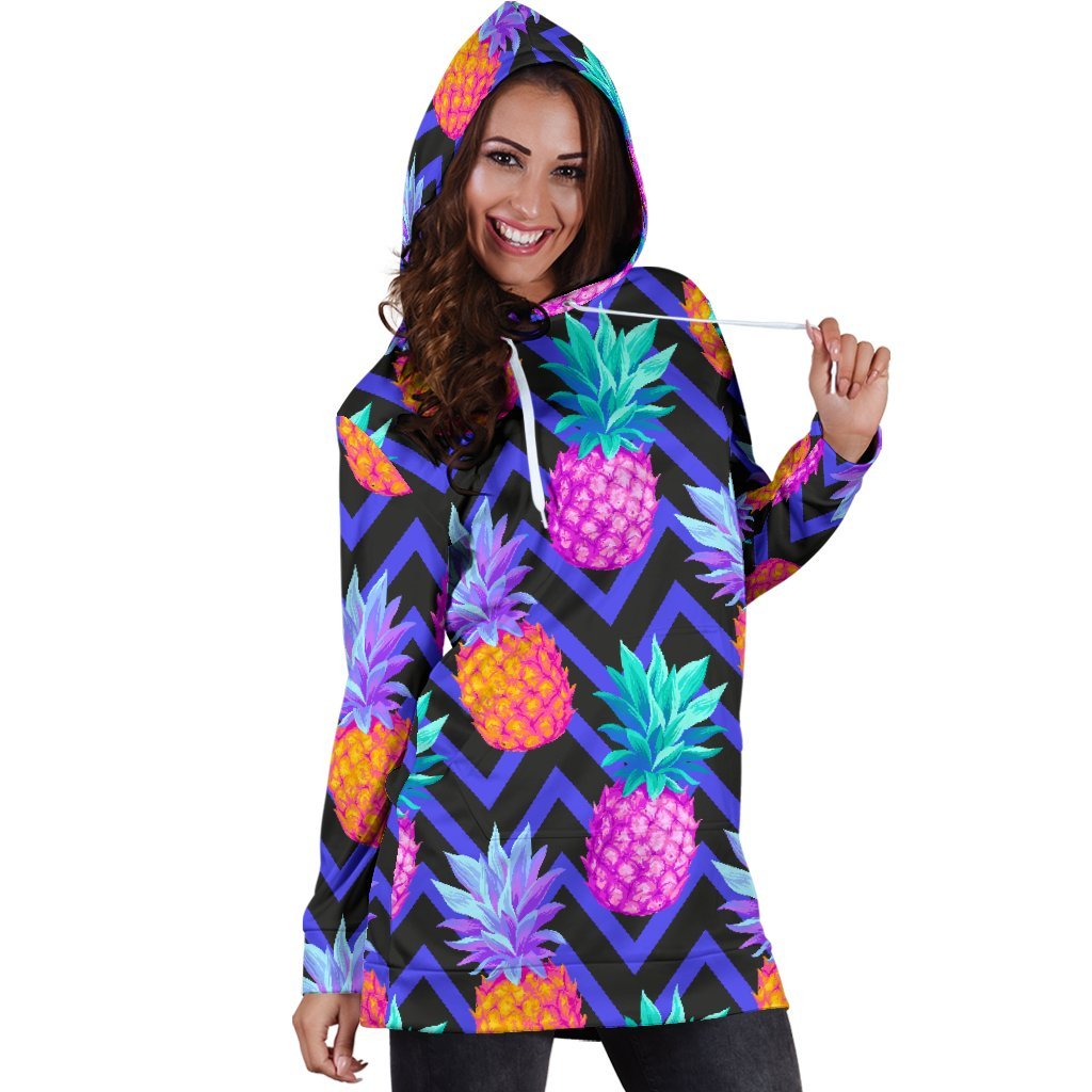 Neon EDM Zig Zag Pineapple Pattern Print Hoodie Dress GearFrost