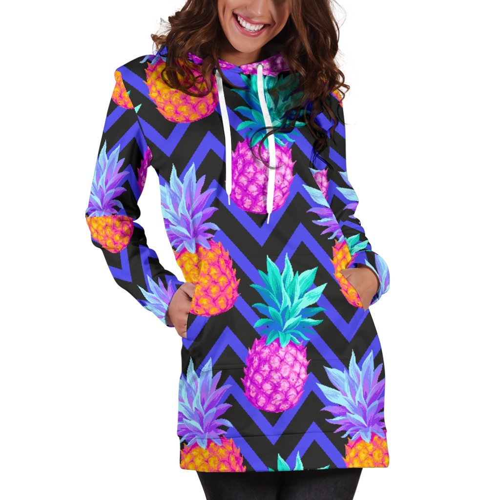 Neon EDM Zig Zag Pineapple Pattern Print Hoodie Dress GearFrost