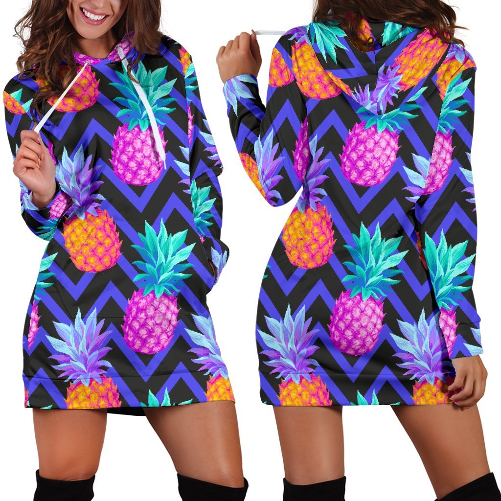 Neon EDM Zig Zag Pineapple Pattern Print Hoodie Dress GearFrost