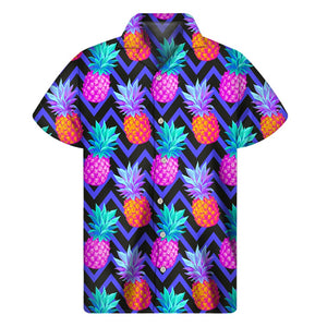 Neon EDM Zig Zag Pineapple Pattern Print Men's Short Sleeve Shirt