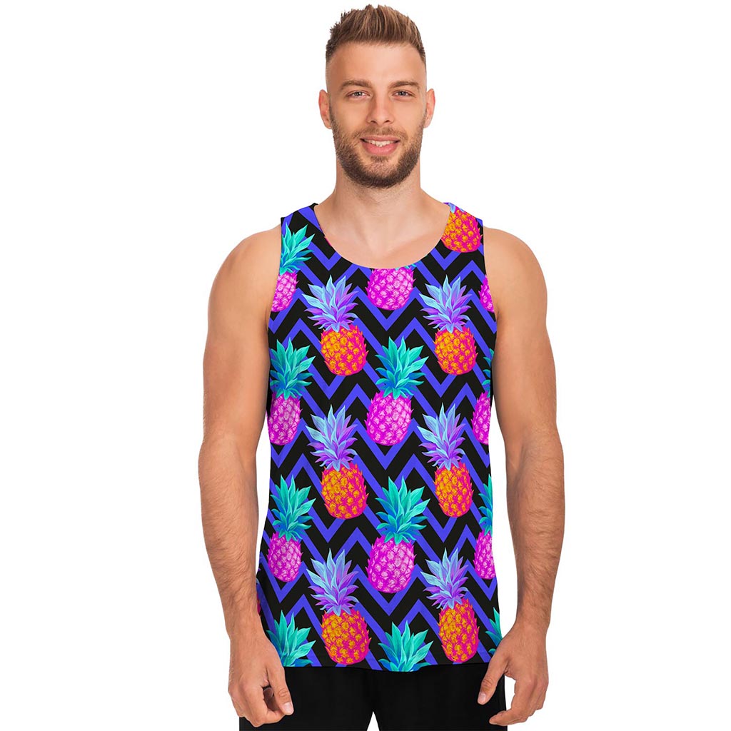 Neon EDM Zig Zag Pineapple Pattern Print Men's Tank Top