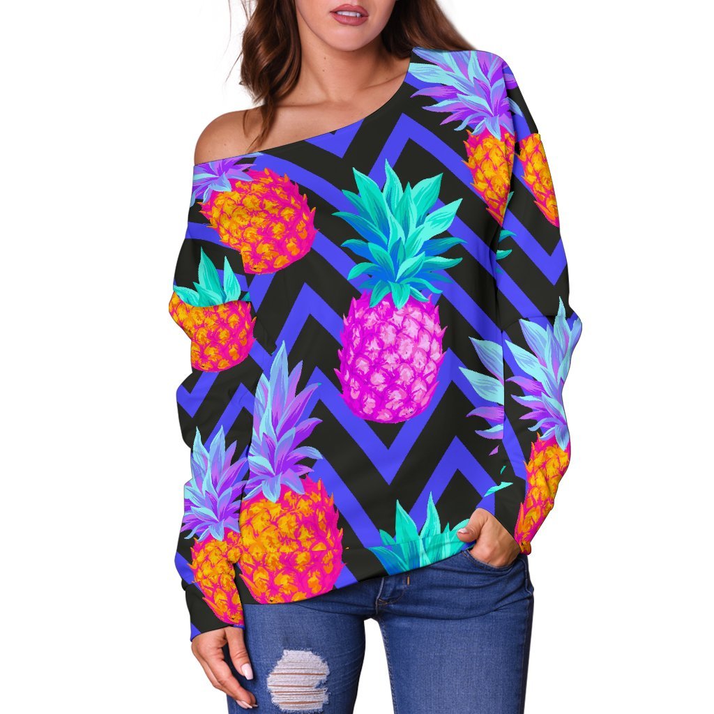 Neon EDM Zig Zag Pineapple Pattern Print Off Shoulder Sweatshirt GearFrost