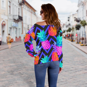 Neon EDM Zig Zag Pineapple Pattern Print Off Shoulder Sweatshirt GearFrost