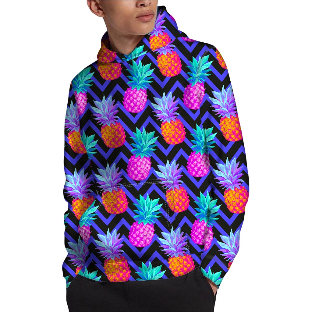 Neon EDM Zig Zag Pineapple Pattern Print Pullover Hoodie