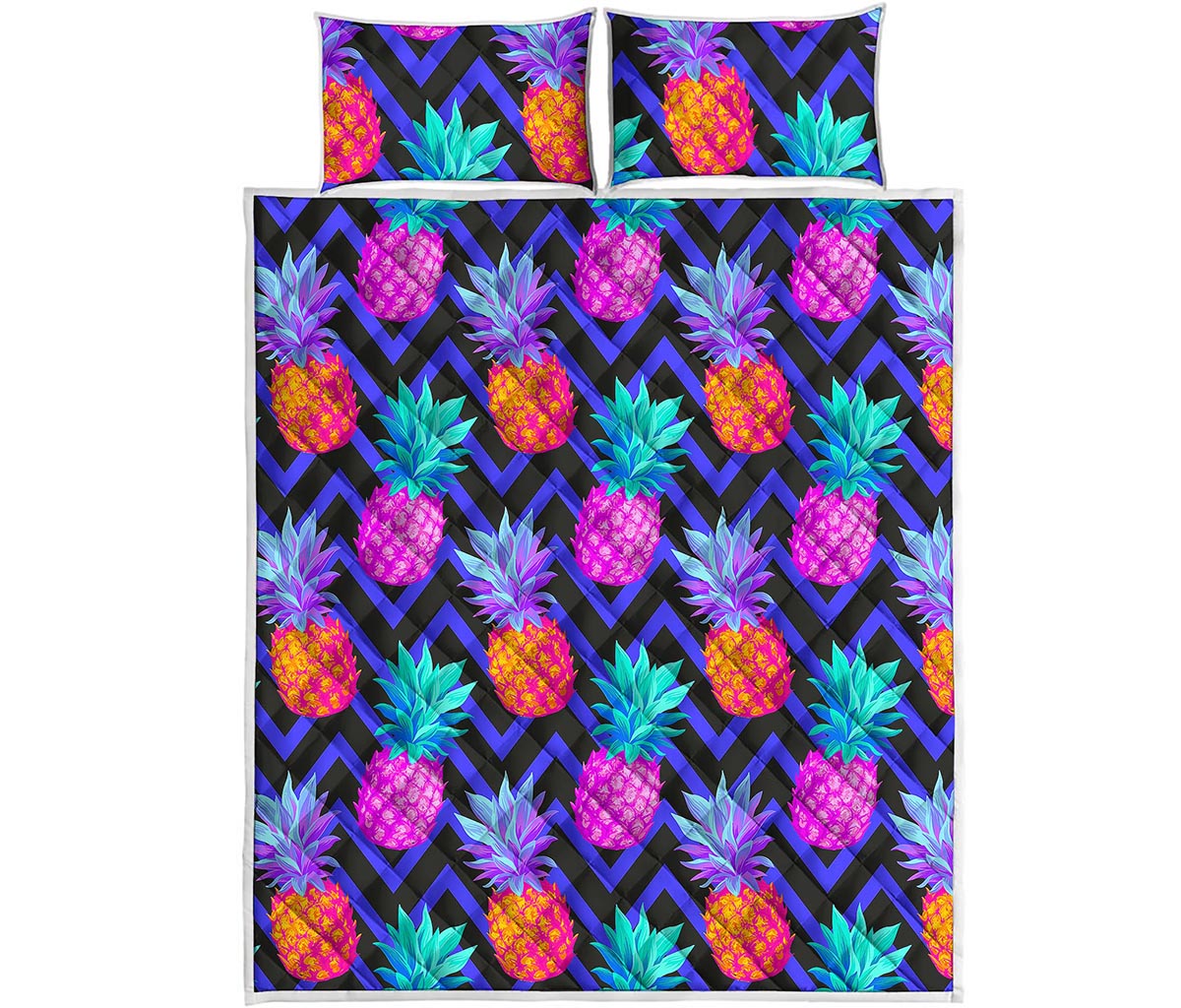 Neon EDM Zig Zag Pineapple Pattern Print Quilt Bed Set