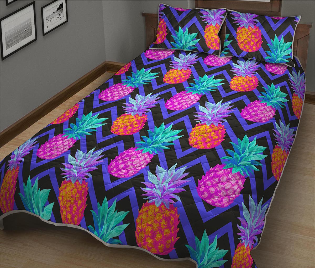 Neon EDM Zig Zag Pineapple Pattern Print Quilt Bed Set