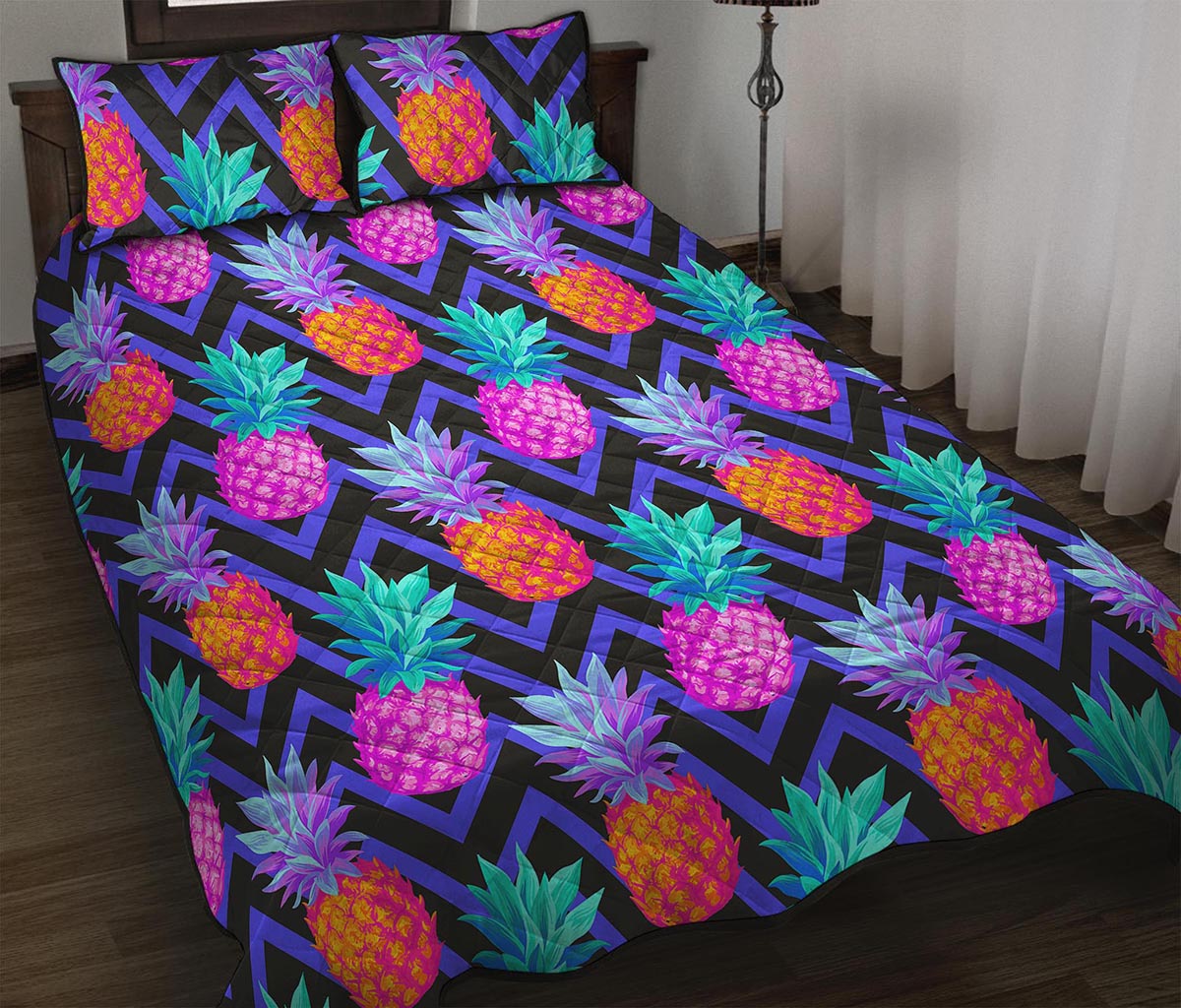 Neon EDM Zig Zag Pineapple Pattern Print Quilt Bed Set