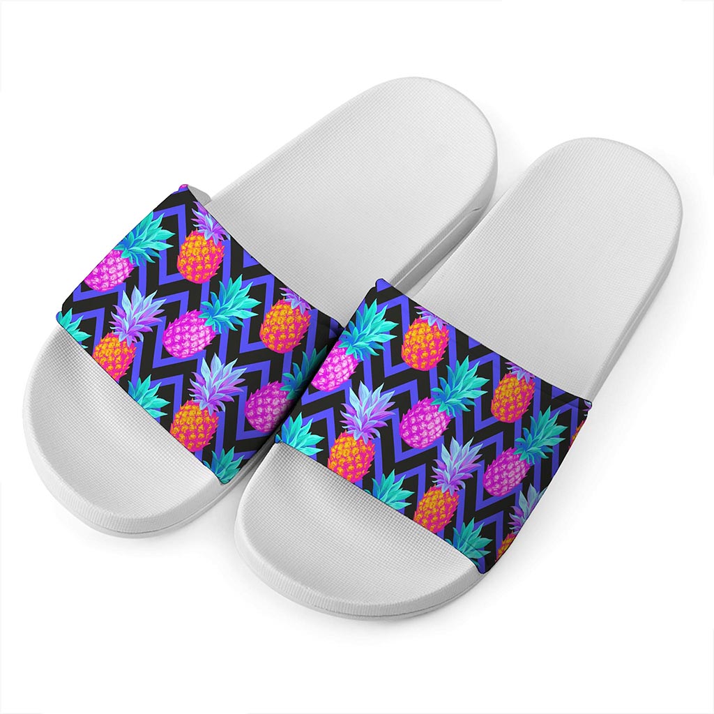 Neon EDM Zig Zag Pineapple Pattern Print White Slide Sandals