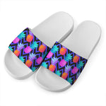 Neon EDM Zig Zag Pineapple Pattern Print White Slide Sandals