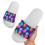 Neon EDM Zig Zag Pineapple Pattern Print White Slide Sandals