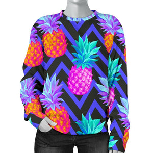 Neon EDM Zig Zag Pineapple Pattern Print Women's Crewneck Sweatshirt GearFrost