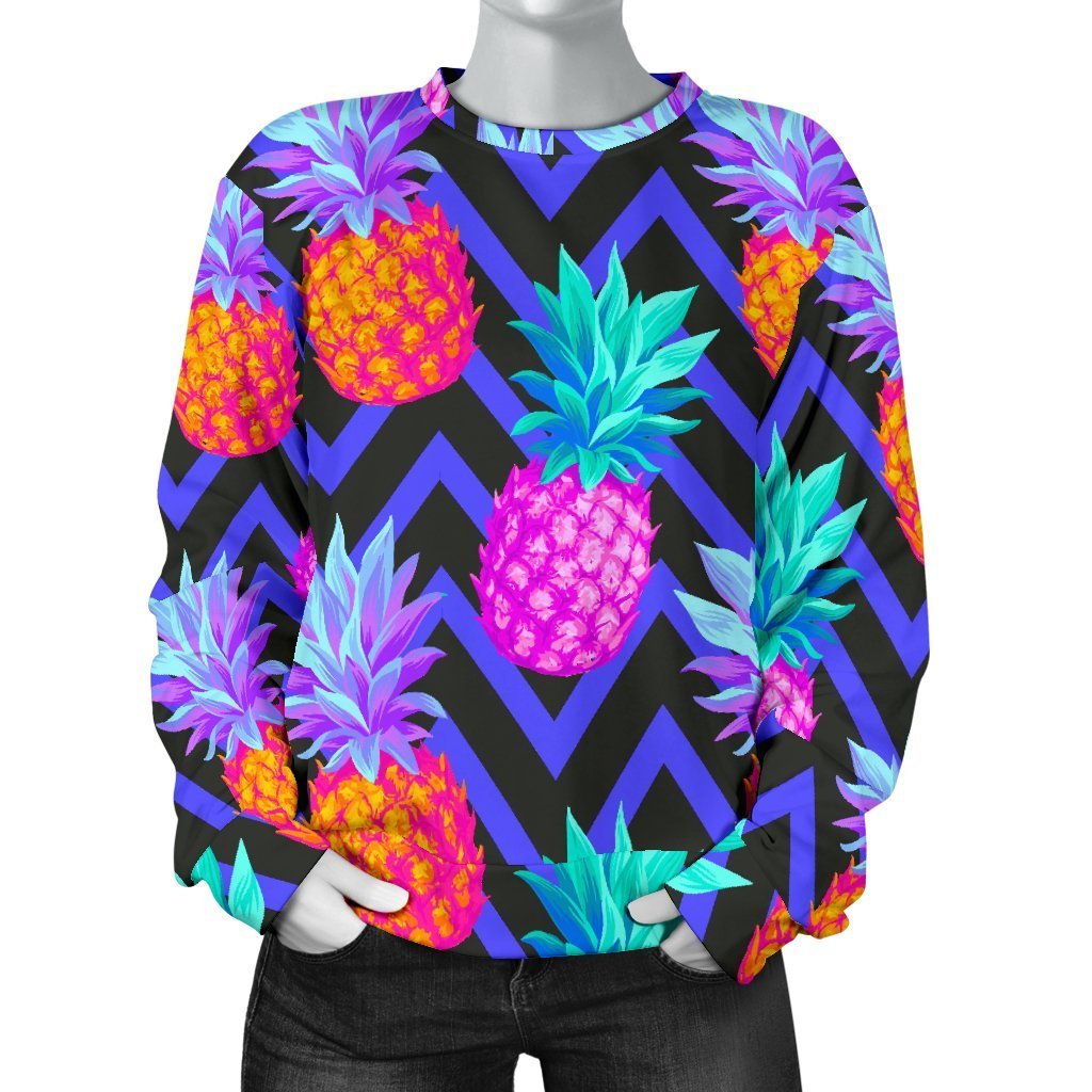 Neon EDM Zig Zag Pineapple Pattern Print Women's Crewneck Sweatshirt GearFrost