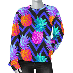 Neon EDM Zig Zag Pineapple Pattern Print Women's Crewneck Sweatshirt GearFrost