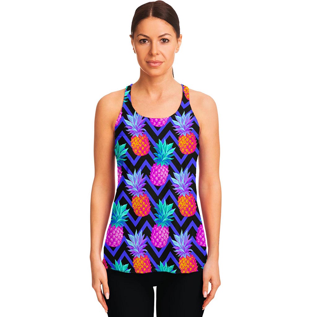 Neon EDM Zig Zag Pineapple Pattern Print Women's Racerback Tank Top