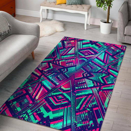Neon Ethnic Aztec Trippy Print Area Rug GearFrost