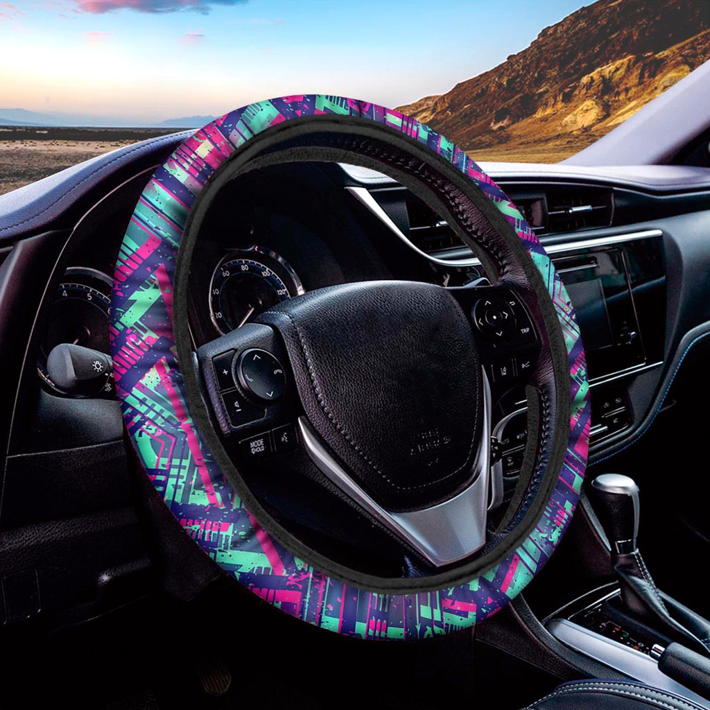 Neon Ethnic Aztec Trippy Print Car Steering Wheel Cover