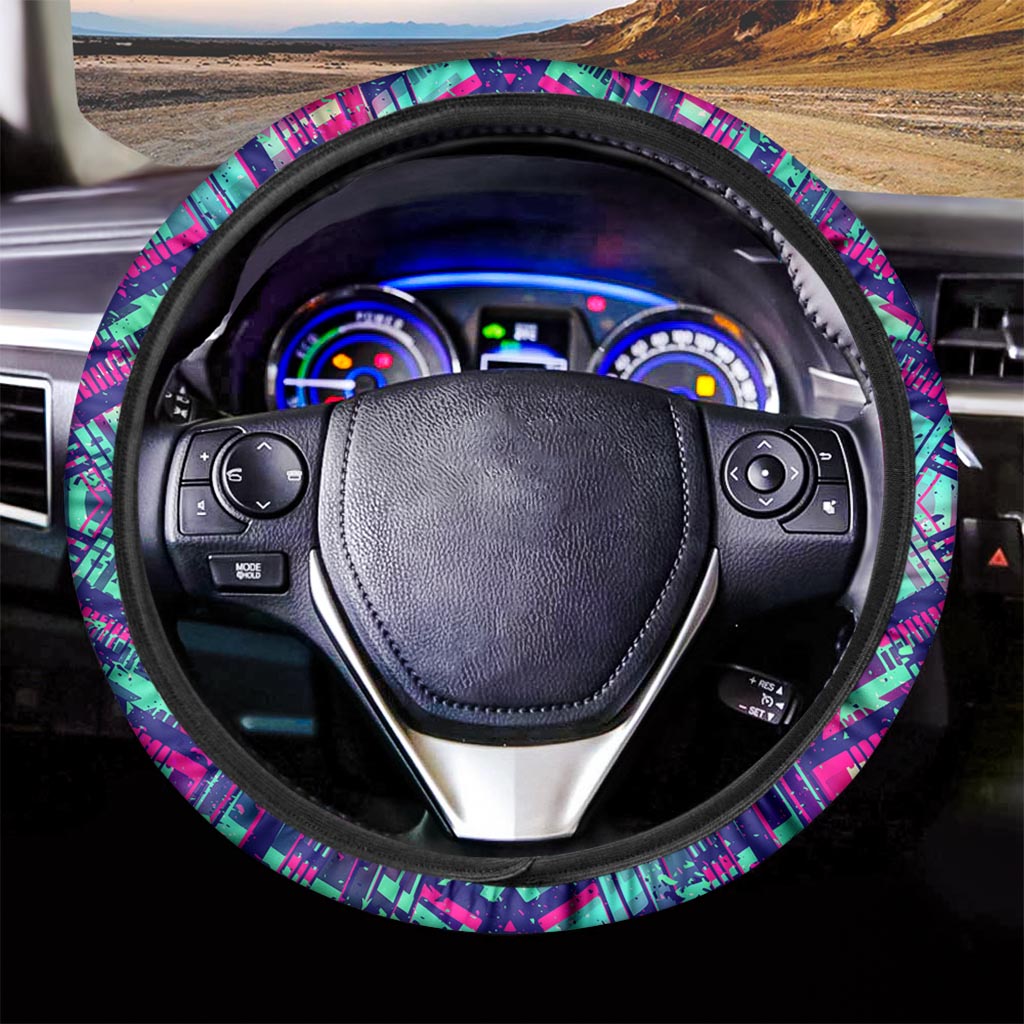 Neon Ethnic Aztec Trippy Print Car Steering Wheel Cover