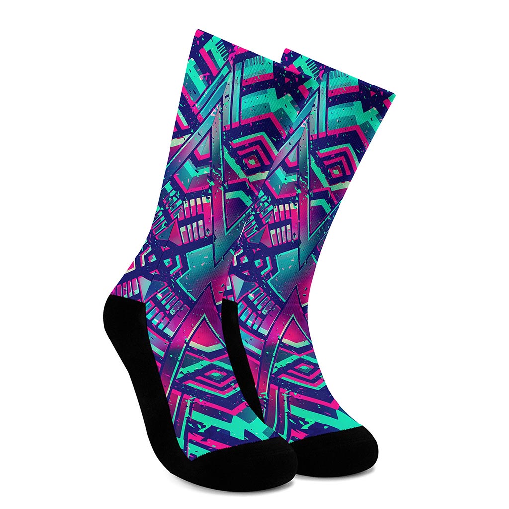 Neon Ethnic Aztec Trippy Print Crew Socks