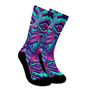 Neon Ethnic Aztec Trippy Print Crew Socks