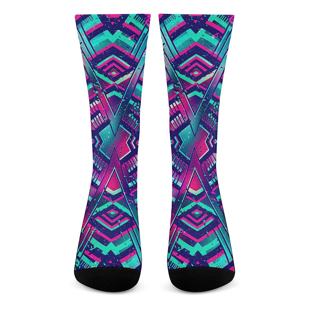 Neon Ethnic Aztec Trippy Print Crew Socks