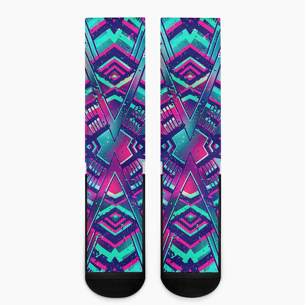 Neon Ethnic Aztec Trippy Print Crew Socks