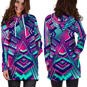 Neon Ethnic Aztec Trippy Print Hoodie Dress GearFrost