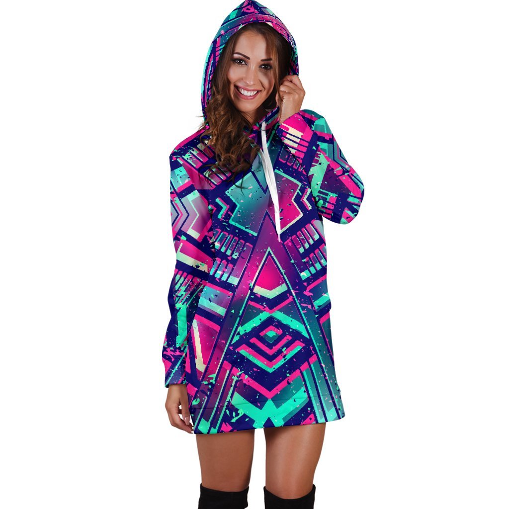 Neon Ethnic Aztec Trippy Print Hoodie Dress GearFrost