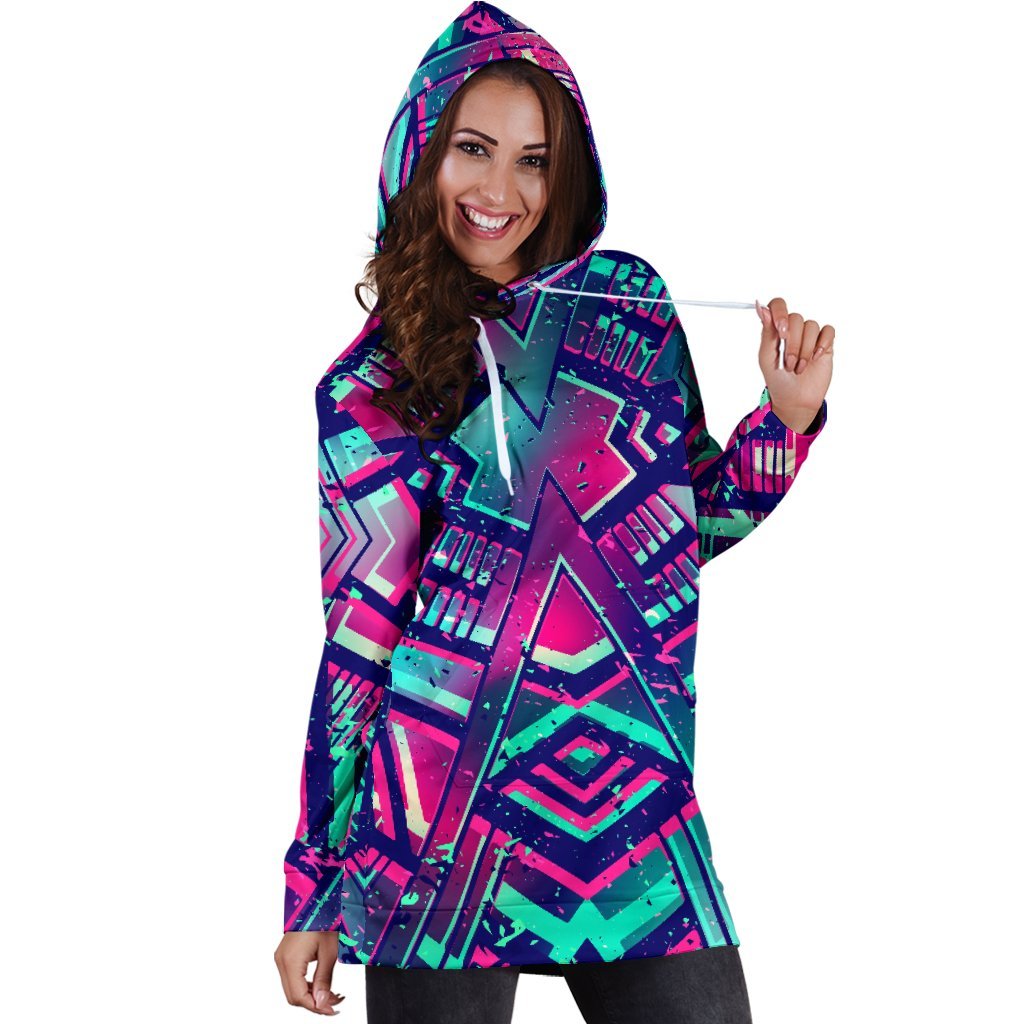 Neon Ethnic Aztec Trippy Print Hoodie Dress GearFrost