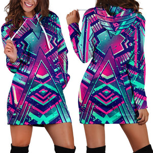 Neon Ethnic Aztec Trippy Print Hoodie Dress GearFrost