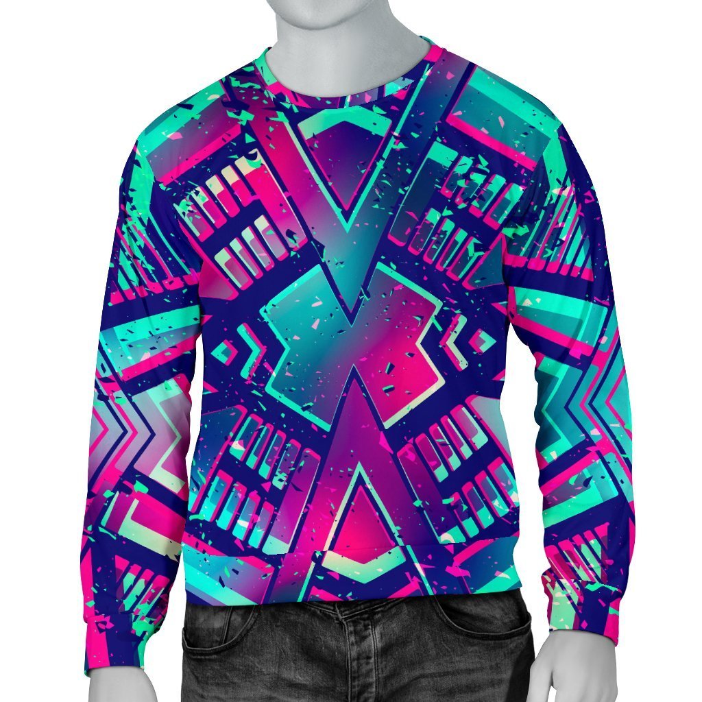 Neon Ethnic Aztec Trippy Print Men's Crewneck Sweatshirt GearFrost