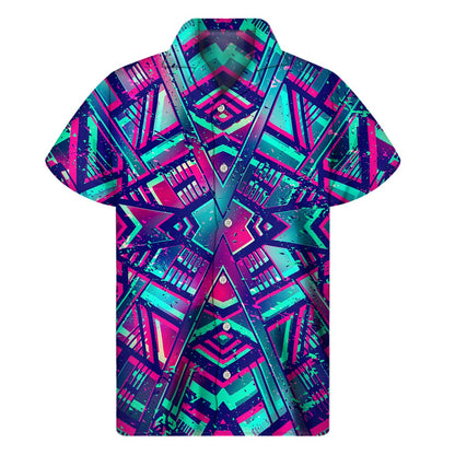 Neon Ethnic Aztec Trippy Print Men's Short Sleeve Shirt