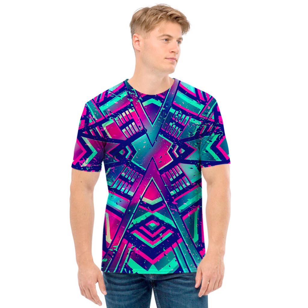 Neon Ethnic Aztec Trippy Print Men's T-Shirt