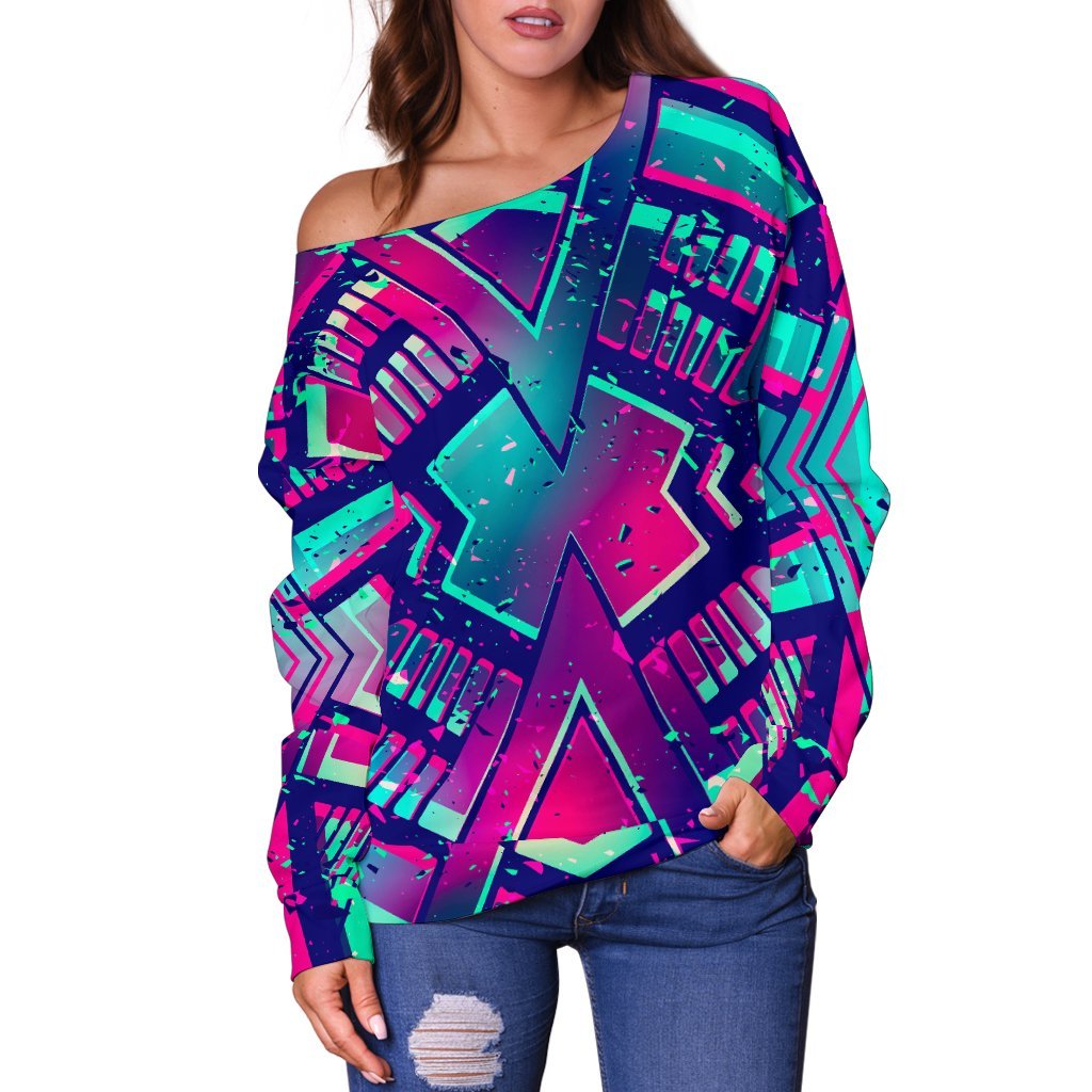 Neon Ethnic Aztec Trippy Print Off Shoulder Sweatshirt GearFrost