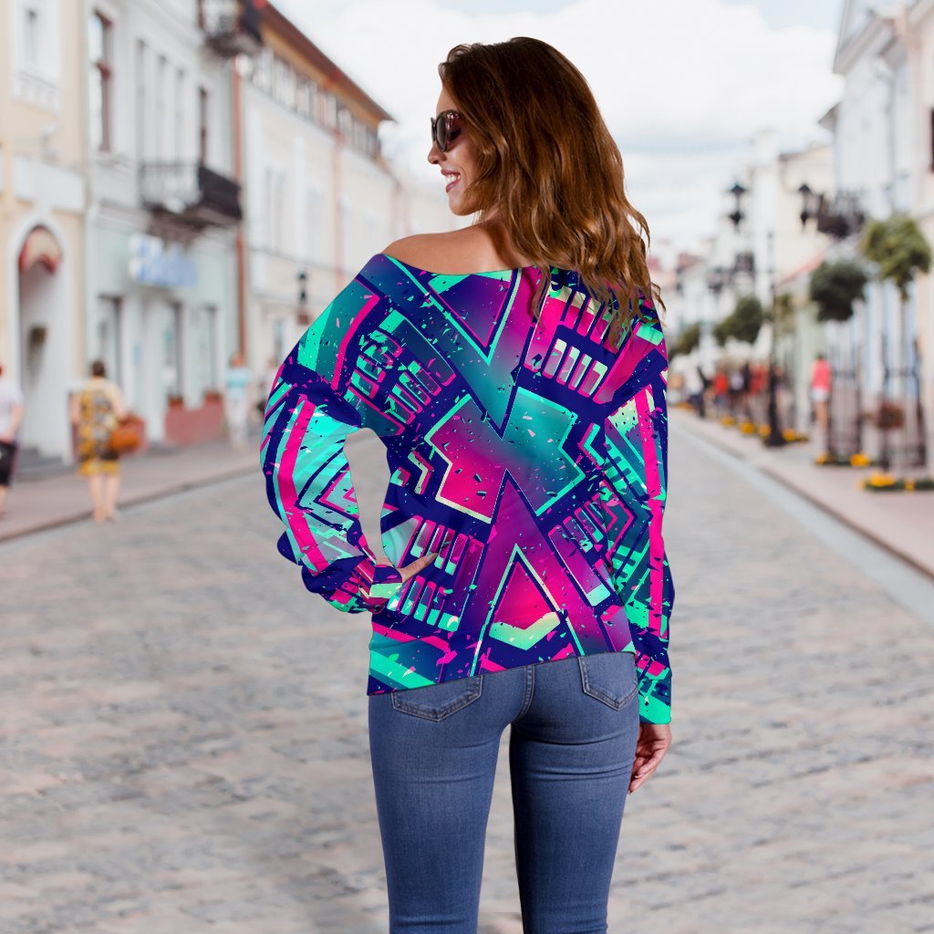 Neon Ethnic Aztec Trippy Print Off Shoulder Sweatshirt GearFrost