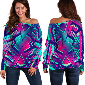 Neon Ethnic Aztec Trippy Print Off Shoulder Sweatshirt GearFrost