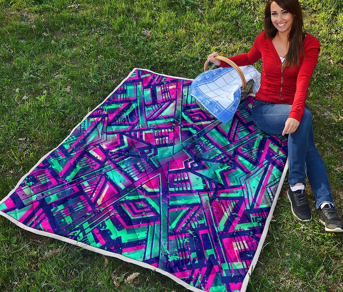 Neon Ethnic Aztec Trippy Print Quilt