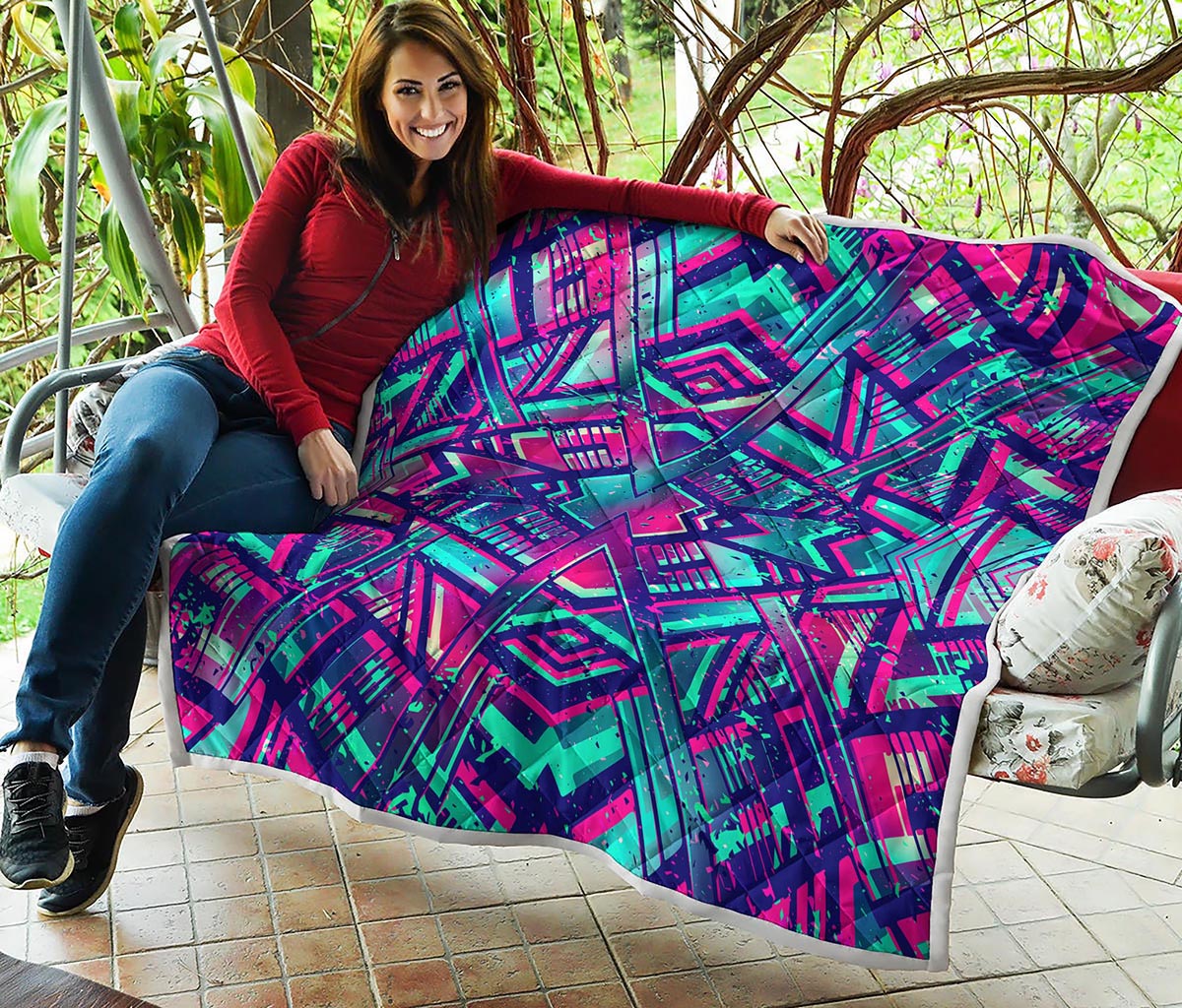 Neon Ethnic Aztec Trippy Print Quilt