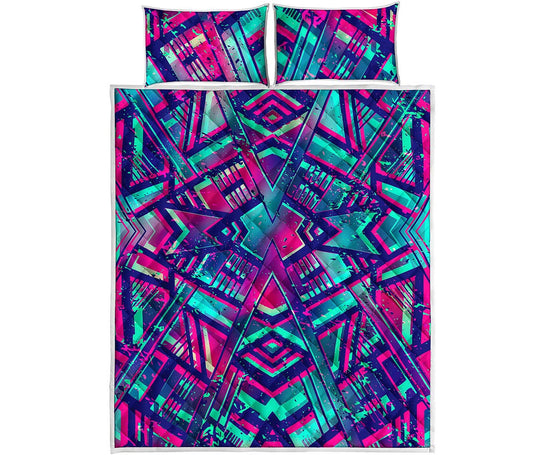 Neon Ethnic Aztec Trippy Print Quilt Bed Set