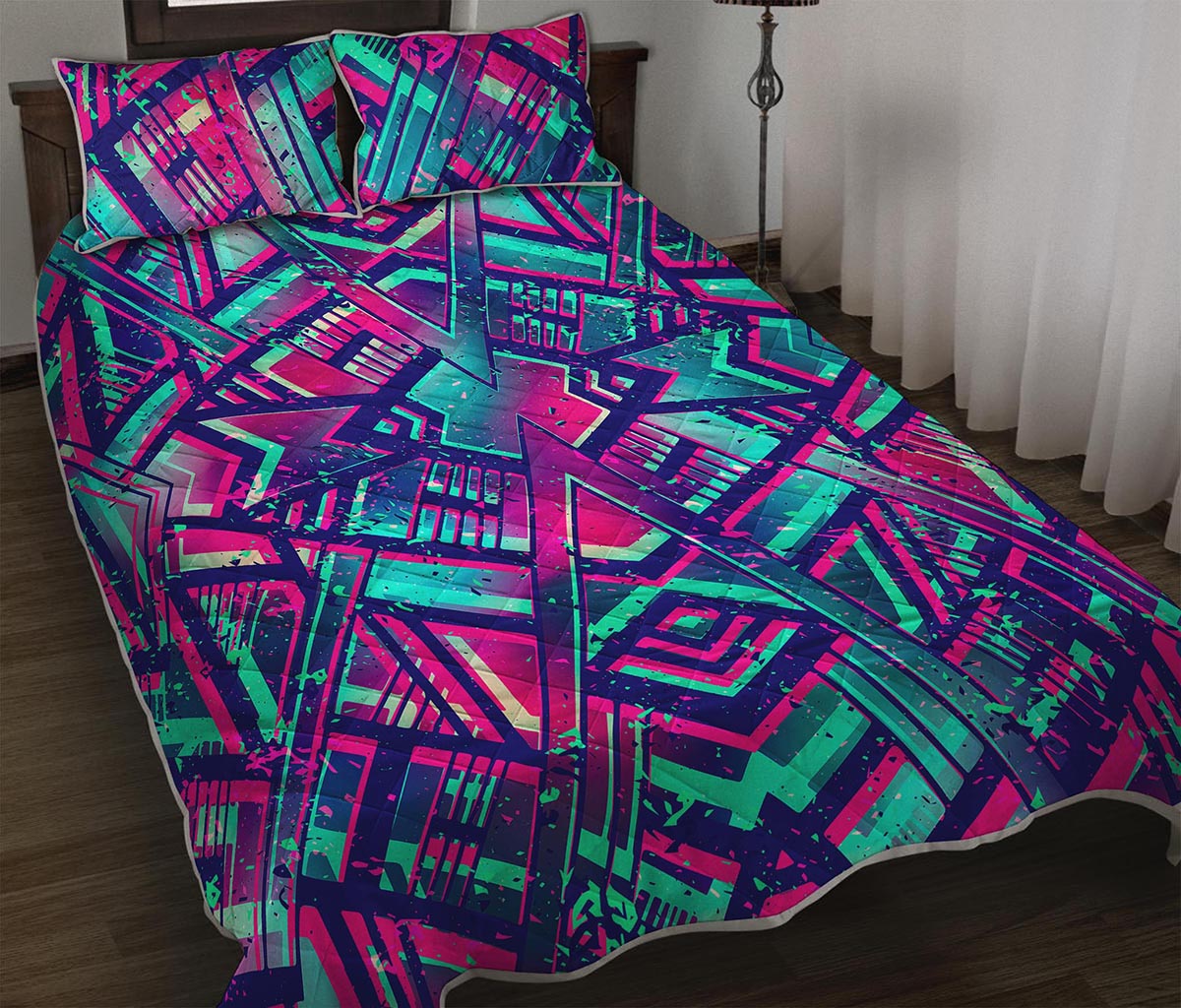 Neon Ethnic Aztec Trippy Print Quilt Bed Set