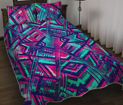 Neon Ethnic Aztec Trippy Print Quilt Bed Set