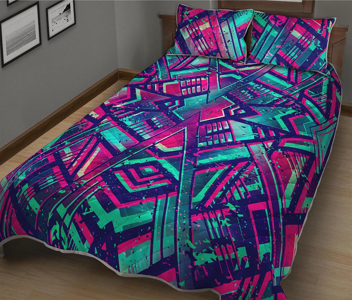 Neon Ethnic Aztec Trippy Print Quilt Bed Set