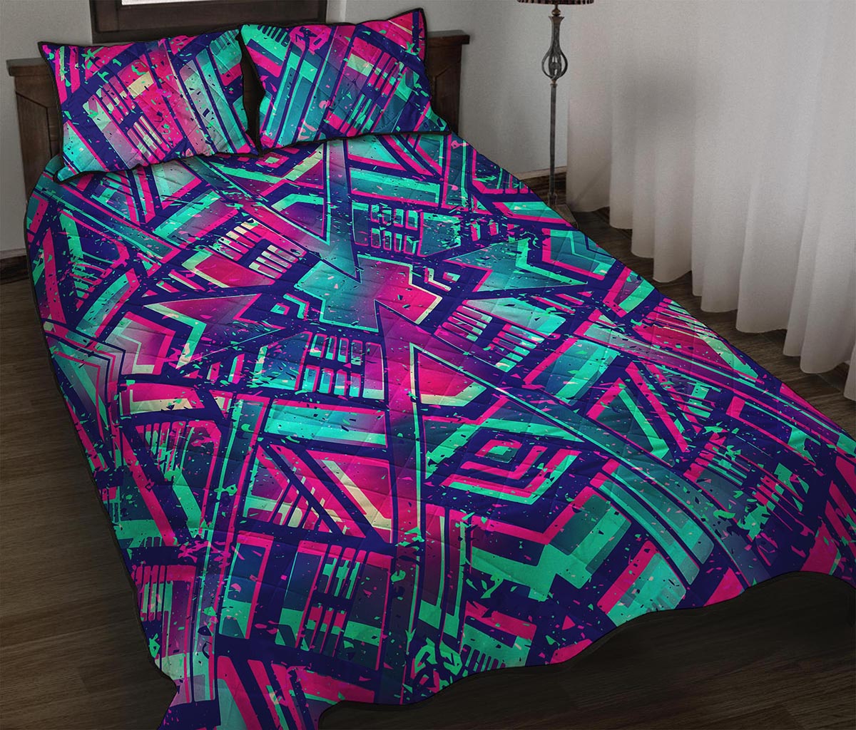 Neon Ethnic Aztec Trippy Print Quilt Bed Set